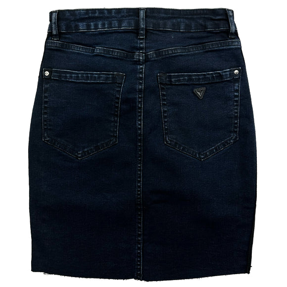 Дамска дънкова пола Guess в син цвят, със страничен кант с лого, закопчаване с цип и копче. 