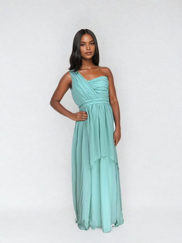 Елегантна дамска дълга рокля в цвят тюркоаз