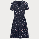 Дамска рокля FRENCH CONNECTION с V-образно деколте, тип Прегърни ме, къси ръкави, захващане с колан. 