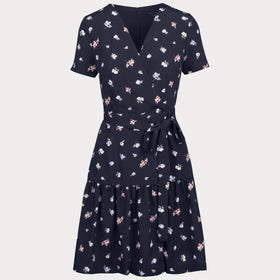 Дамска рокля FRENCH CONNECTION с V-образно деколте, тип Прегърни ме, къси ръкави, захващане с колан. 