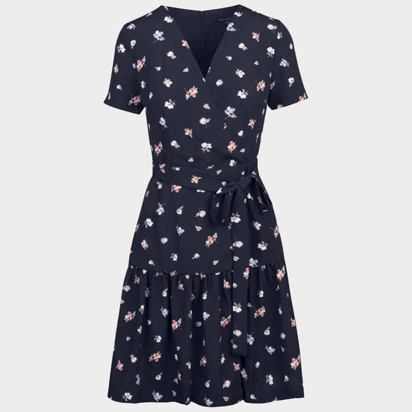 Дамска рокля FRENCH CONNECTION с V-образно деколте, тип Прегърни ме, къси ръкави, захващане с колан. 