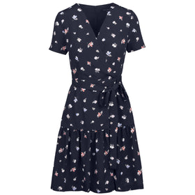 Дамска рокля FRENCH CONNECTION с V-образно деколте, тип Прегърни ме, къси ръкави, захващане с колан. 