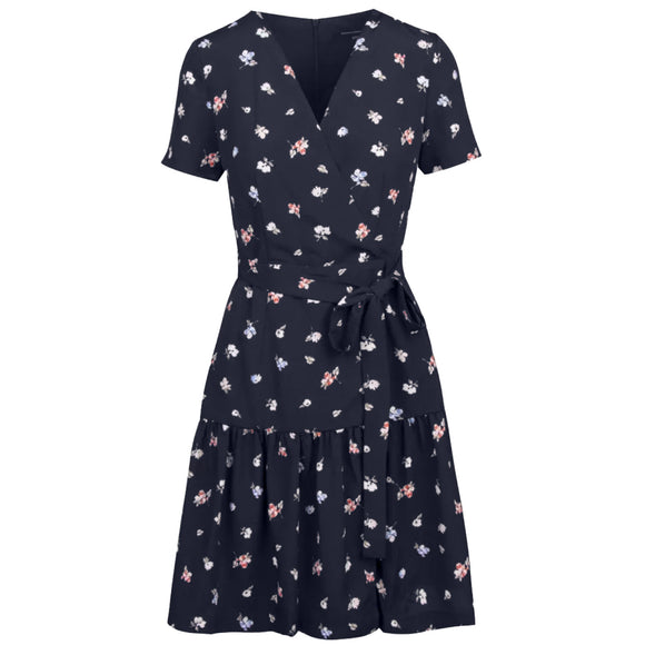 Дамска рокля FRENCH CONNECTION с V-образно деколте, тип Прегърни ме, къси ръкави, захващане с колан. 