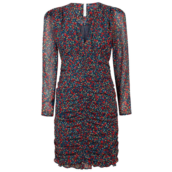 Дамска къса рокля PEPE JEANS с дълги ръкави, в червен цвят,  лека материя и лека подплата, набран ефект в предната част. 