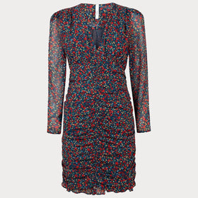 Дамска къса рокля PEPE JEANS с дълги ръкави, в червен цвят,  лека материя и лека подплата, набран ефект в предната част. 