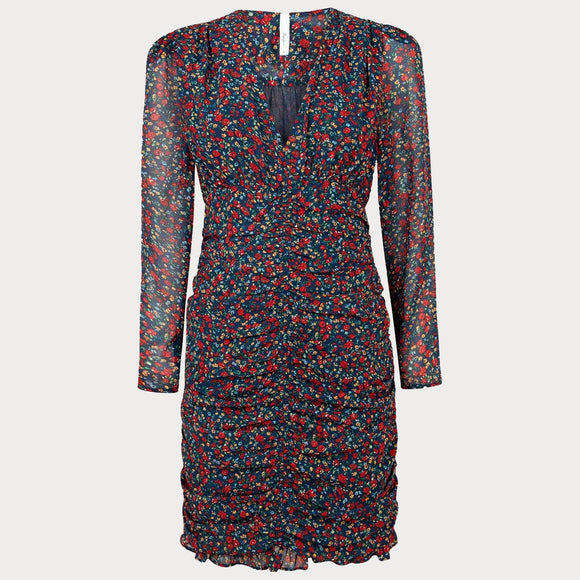 Дамска къса рокля PEPE JEANS с дълги ръкави, в червен цвят,  лека материя и лека подплата, набран ефект в предната част. 